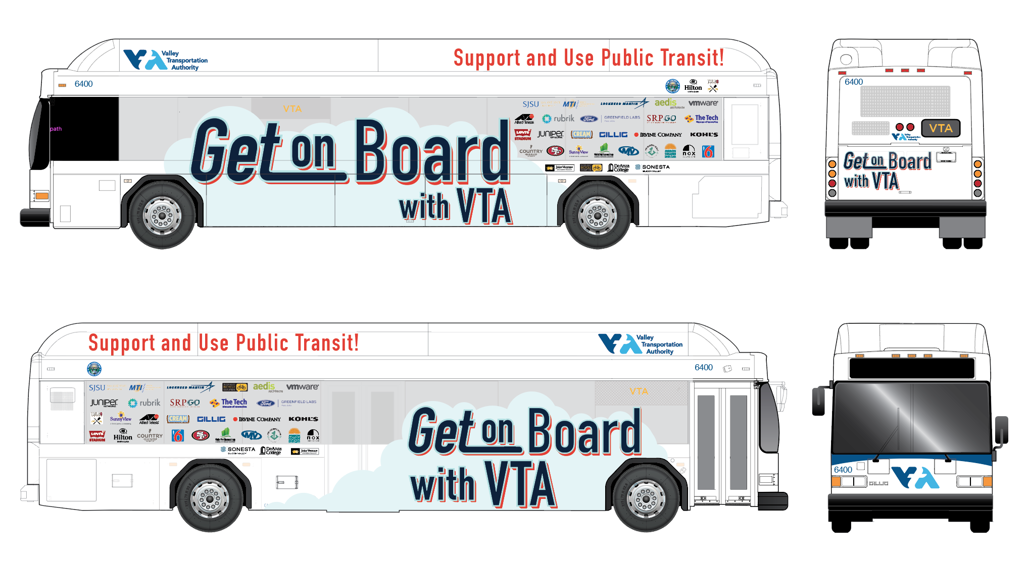 Image of VTA bus wrapped with partners of logos supporting Get on Board Day